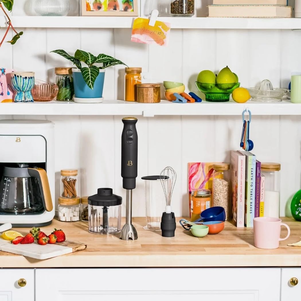 Beautiful 2-Speed Immersion Blender with Chopper & Measuring Cup, Black Sesame by Drew Barrymore