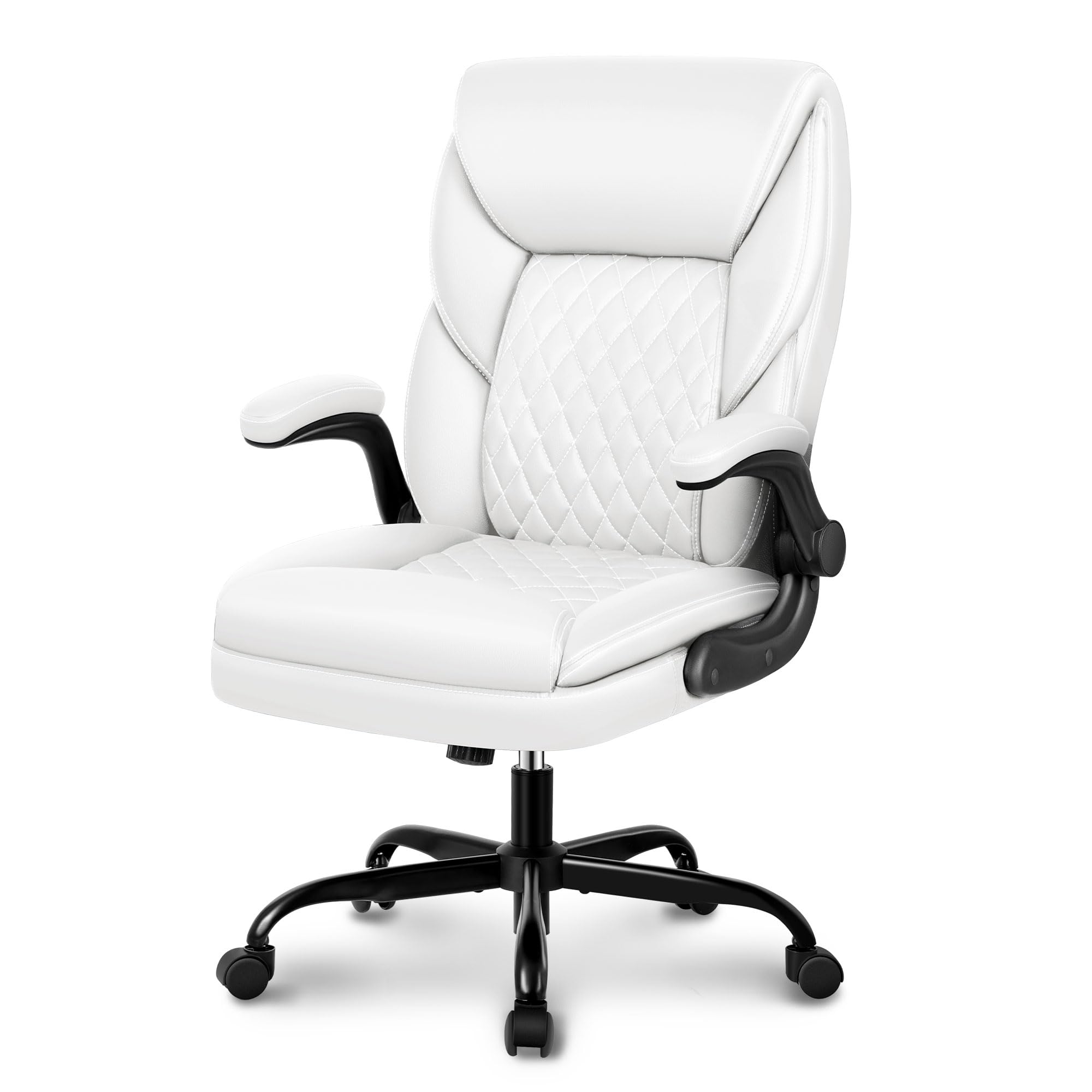 BestEra Office Chair, Executive Leather Chair Home Office Desk Chairs, Ergonomic Computer Desk Chair with Adjustable Flip-Up Arms, Lumber Support Swivel Task Chair with Rocking Function (White)