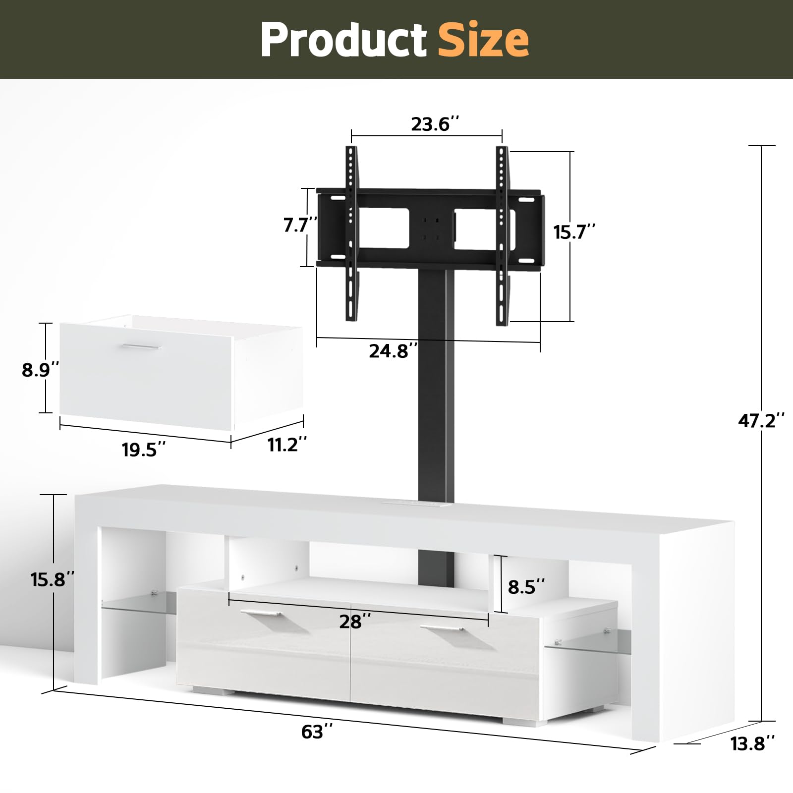 Lamtor TV-Stand with Mount and Power Outlet - Swivel LED TV Stand for 75 70 65inch Televisions, Modern Entertainment Center with Drawers, TV Console Media Cabinet for Living Room, White