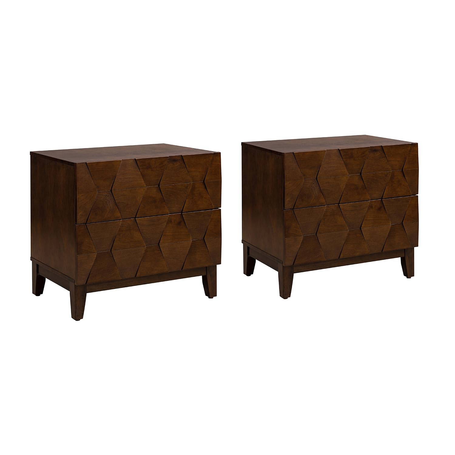 HULALA HOME Wood Nightstand Set of 2 with Charging Station, 2-Drawer Dresser with Wooden Legs, Mid-Century Modern Bedside Furniture, French-Style End Table for Bedroom or Living Room, Walnut