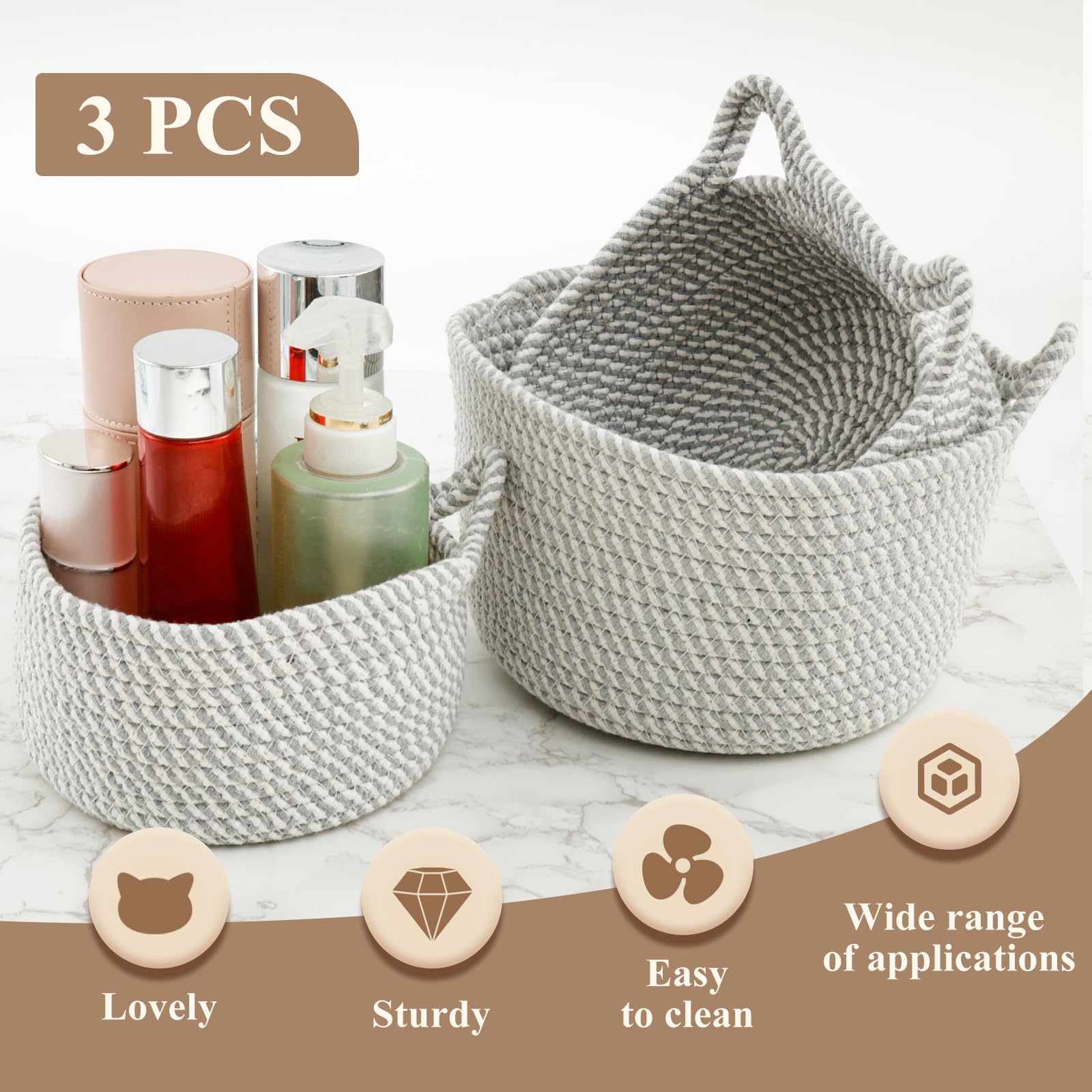 Hevtsde 3PCS Small Woven Basket - Cotton Rope Woven Baskets, Cute Woven Storage Basket, Small Baskets for organizing, Multifunctional Storage Baskets for Cosmetics Snacks Toys (Gray)