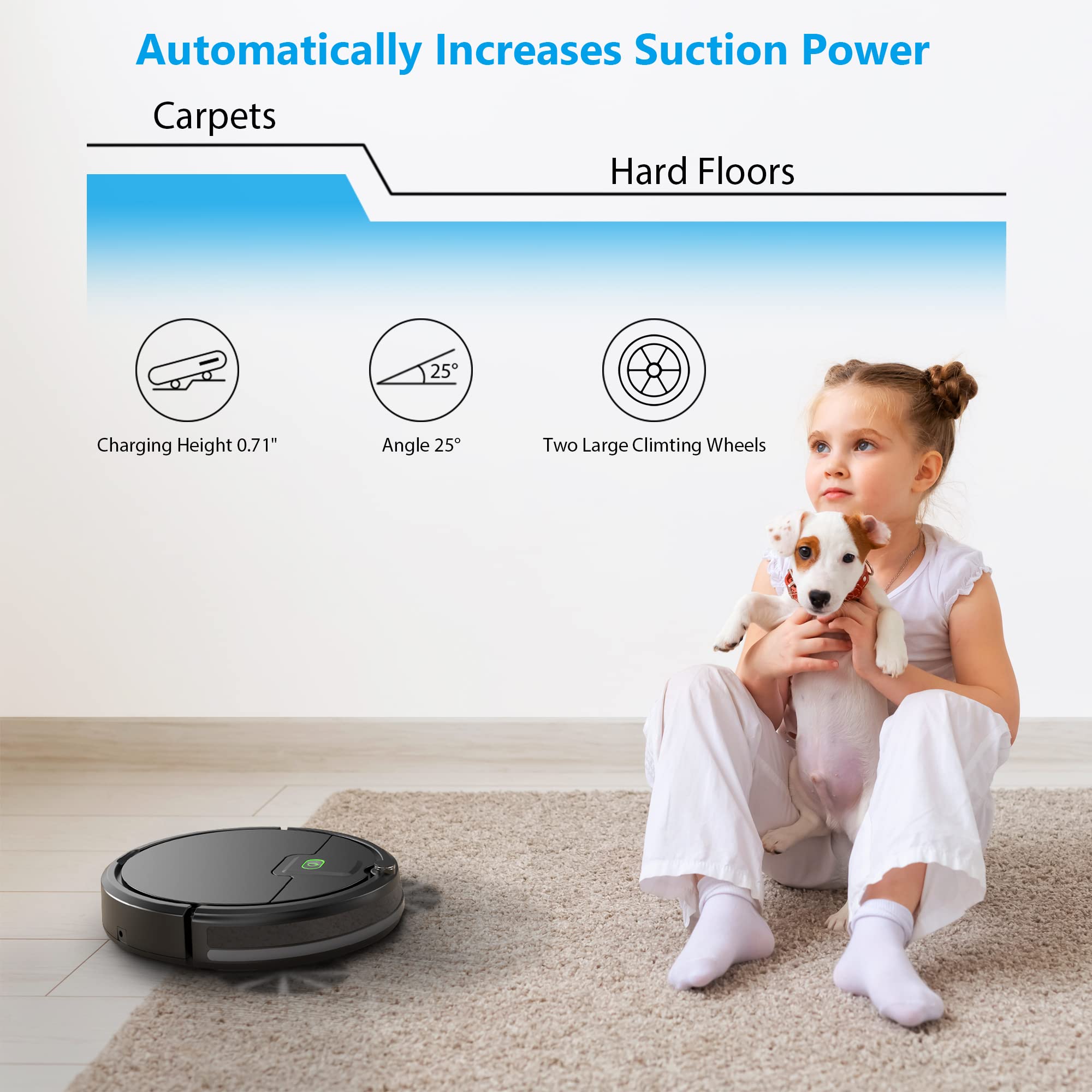 Robot Vacuum Cleaner,2500Pa Powerful Suction Robot Vacuums with Self-Charging,150Mins,Tangle-Free Robotic Vacuums Cleaner, Low Noise, Ideal for Hard Floor, Low-Pile Carpets & Pet Hair