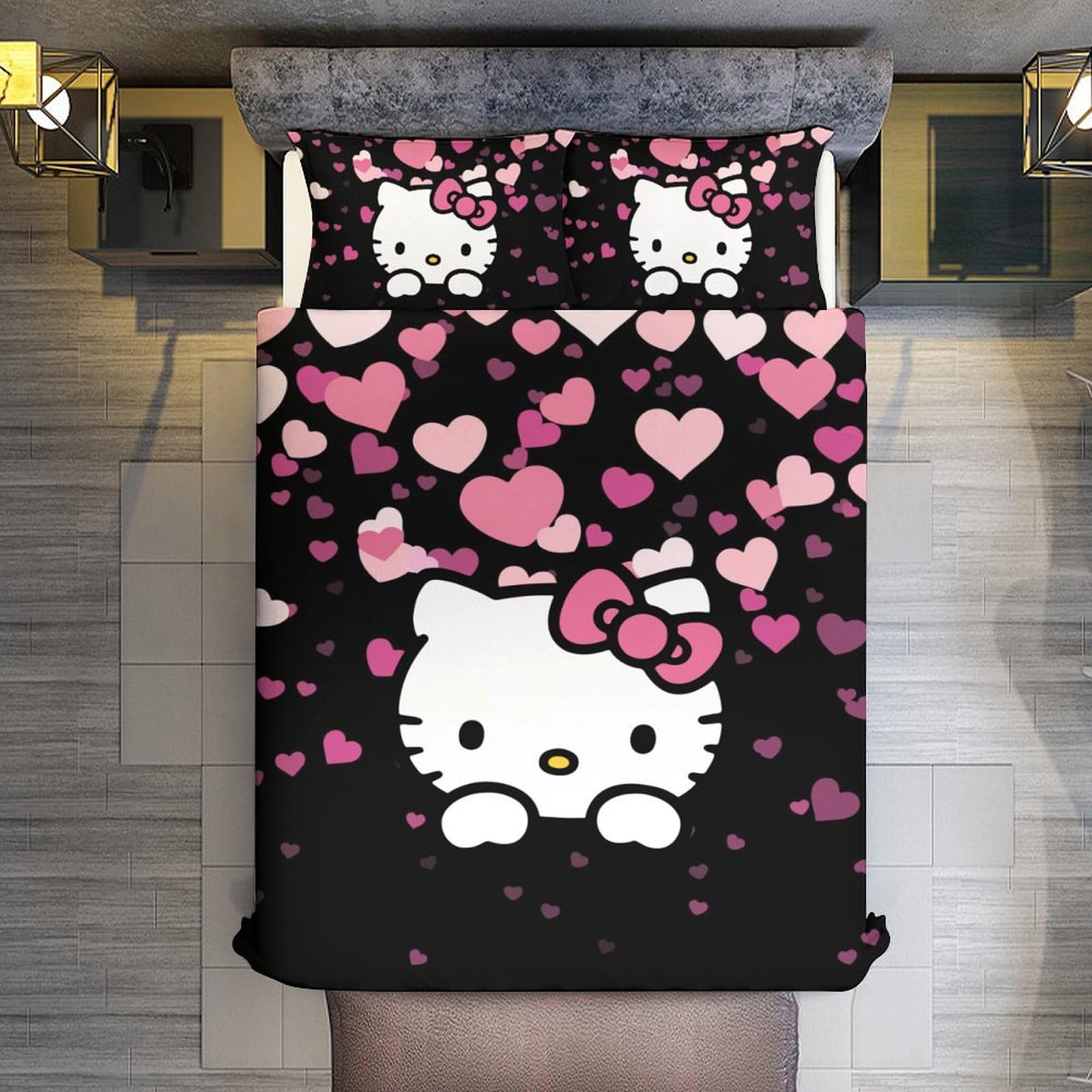 PHKYTRN Cute Cartoon Duvet Cover Set Pink Cat Bedding Set 1 Duvet Cover and 2 Pillowcases 3D Cartoon Printed Comfortable and Ultra Soft Bed Set Room Decor for Bedroom 229x229 cm