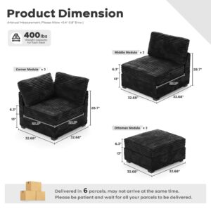 130'' Modern Modular Sectional Sofa with Movable Ottomans,4 Seats Cloud Comfort Corduroy Fluffy Couch,L Shaped Convertible Sofa Couch for Living Room,Black