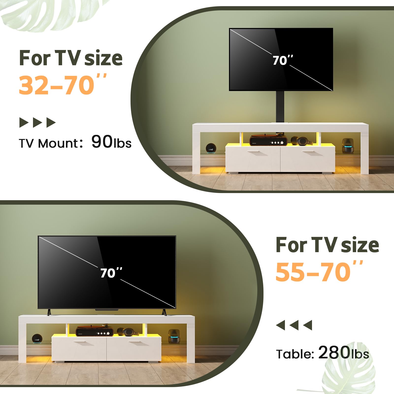 Lamtor TV-Stand with Mount and Power Outlet - Swivel LED TV Stand for 75 70 65inch Televisions, Modern Entertainment Center with Drawers, TV Console Media Cabinet for Living Room, White