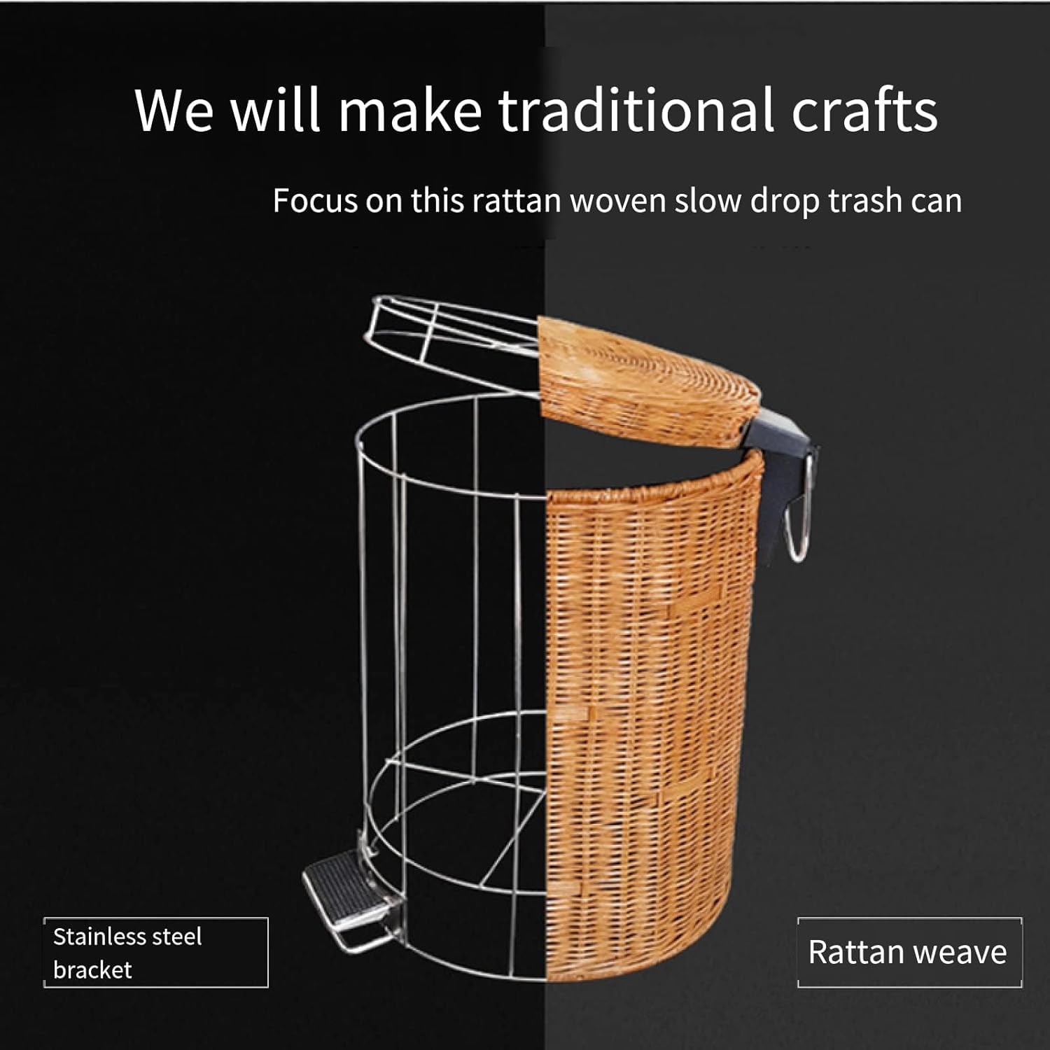 Round wicker dustbin with cover,hand woven foot type Trash Can,with Removable Inner Bucketseparated dustbin in office and living room, waste paper basket, slow-drop dustbin in kitchen and toilet