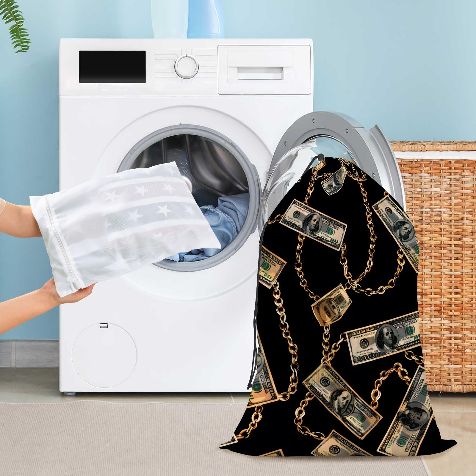 Money Dollar Bills Large Mesh Laundry Bag, Dirty Clothes Organizer with Drawstring Closure Laundry Hamper 24" x 35"