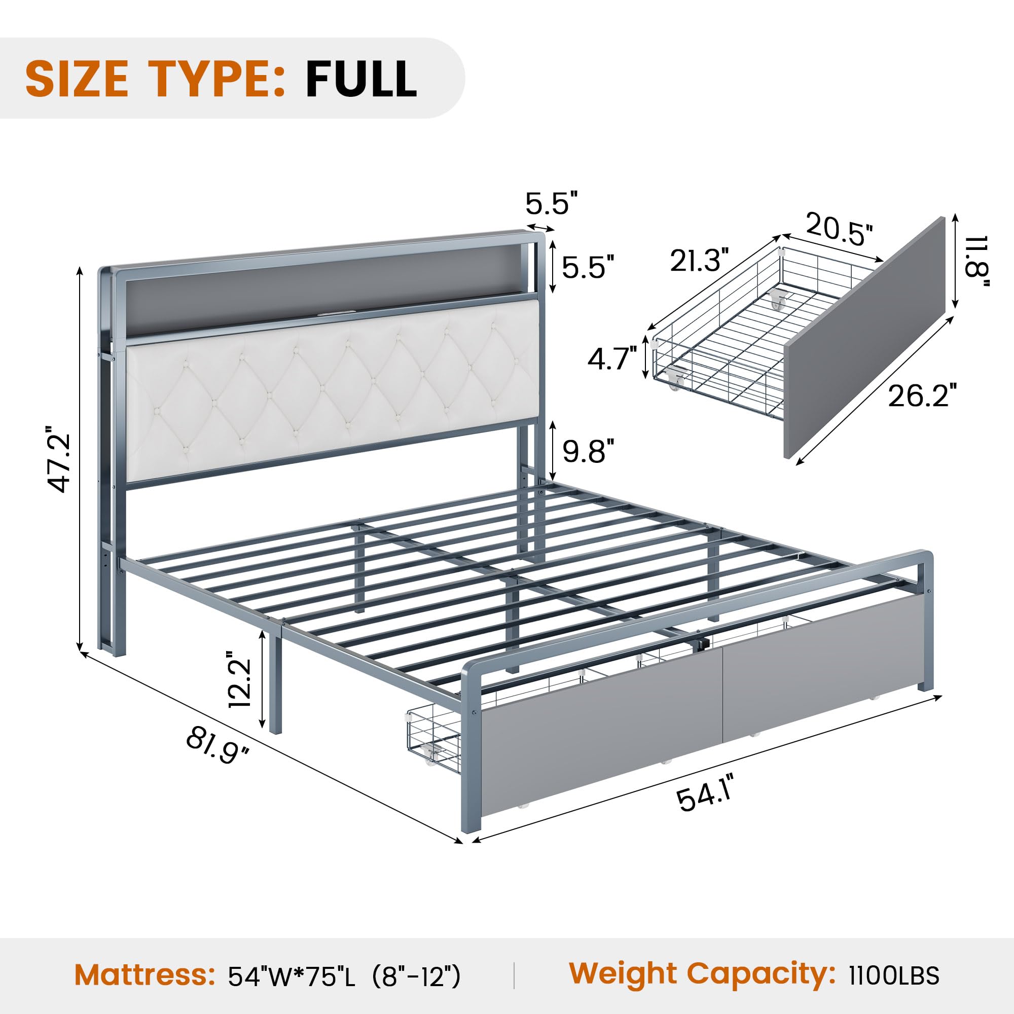 QFP Full Bed Frame,Bed Frame Full Size with Headboard and 2-Tier Storage,Metal Platform Bed Frame with 2 Drawers & Charging Station & LED Lights,Noise-Free/Metal Support/No Box Spring Needed,Grey