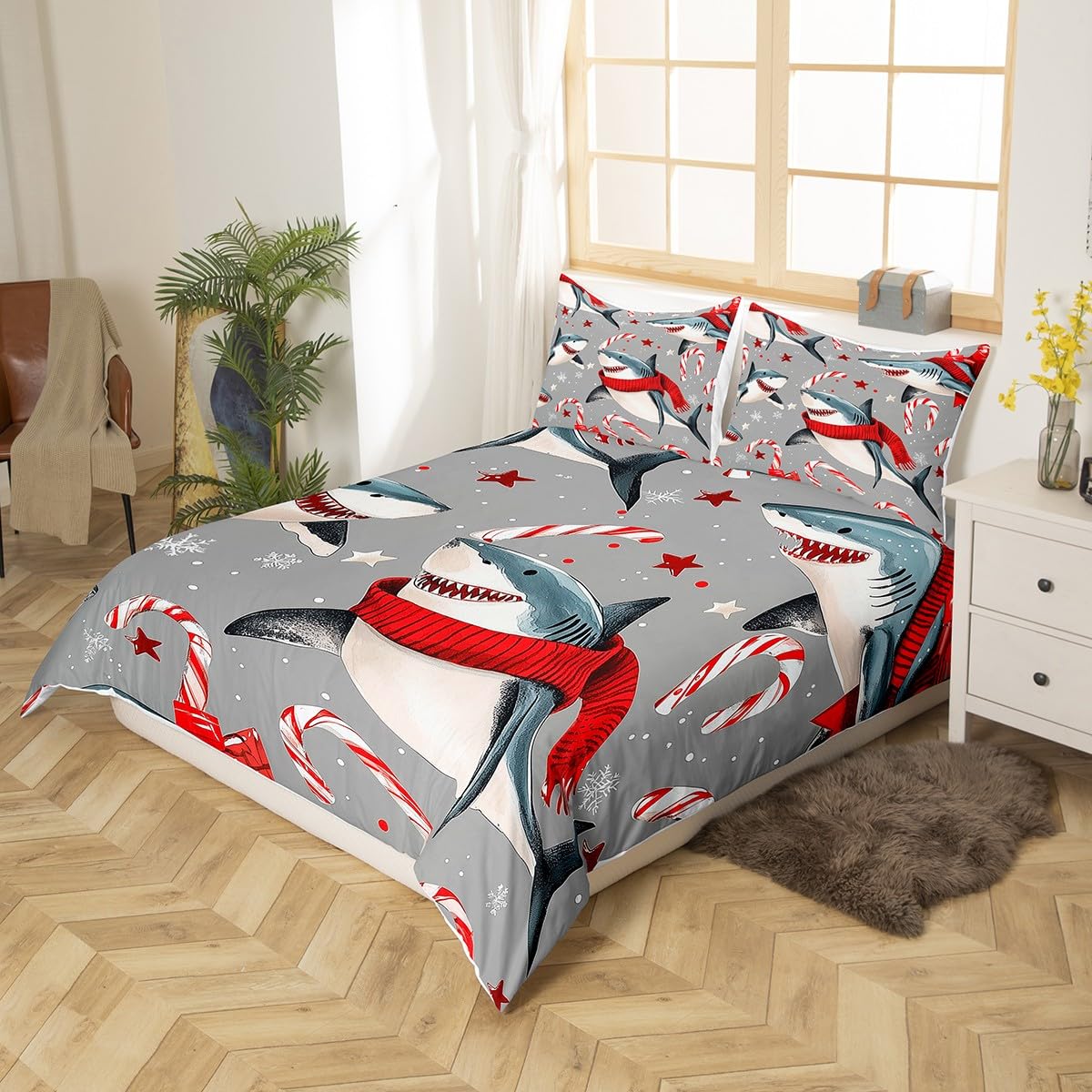 Cartoon Shark Duvet Cover Full Size Christmas Sweet Candy Bedding Set 3pcs Undersea Marine Fish Comforter Cover for Kids Bedroom Decor Cute Star Snowflake Quilt Cover(Not Comforter)