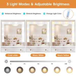 Mauqvit Vanity Desk with Mirror and Light，Vanity Desk with 2 Large Drawers, 2 Large Storage，Charging Station and 10 Lights 3 Lighting Modes Adjustable Brightness Dresser, White