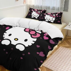 PHKYTRN Cute Cartoon Duvet Cover Set Pink Cat Bedding Set 1 Duvet Cover and 2 Pillowcases 3D Cartoon Printed Comfortable and Ultra Soft Bed Set Room Decor for Bedroom 229x229 cm