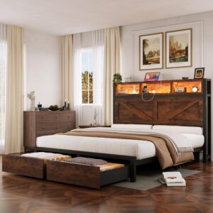 Incyneva Farmhouse Full Bed Frame with Storage Headboard, Charging Station, LED Light and 2 Storage Drawers, Bookcase Storage, Noise Free, No Box Spring Needed, Brown