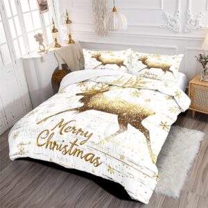 CCoutueChen White Gold Christmas Elk Comforter Set King Size Merry Christmas Bedding Set for Girls,3Pcs Christmas Holiday Decor Comforter Set with 2 Pillowcases(104 * 90)