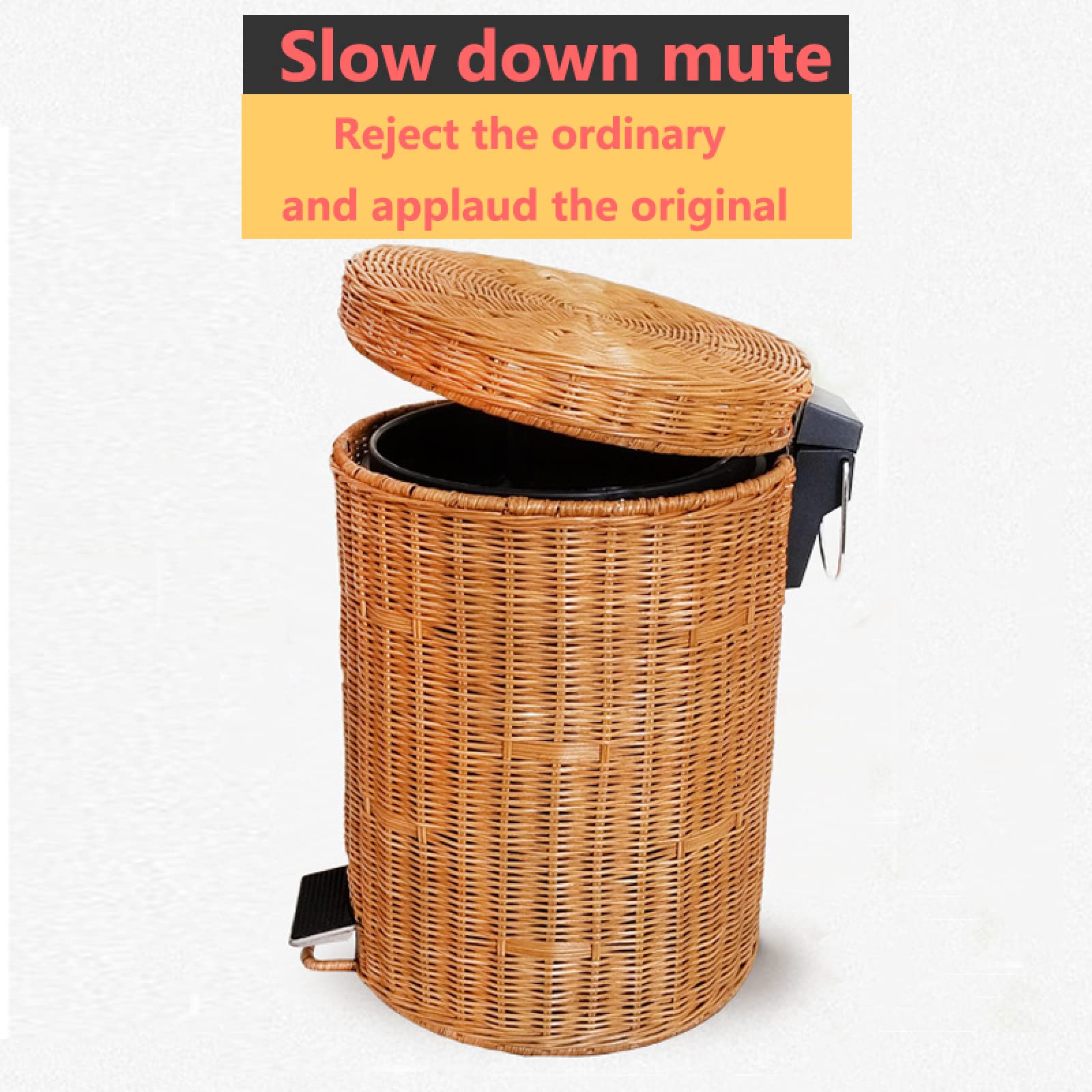 Round wicker dustbin with cover,hand woven foot type Trash Can,with Removable Inner Bucketseparated dustbin in office and living room, waste paper basket, slow-drop dustbin in kitchen and toilet