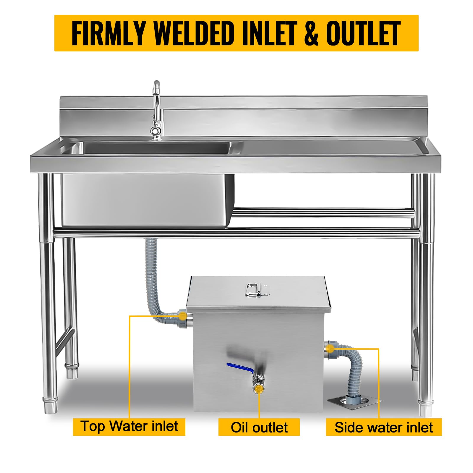 Commercial Grease Trap, Grease Interceptor, Side Inlet Interceptor, Under Sink Stainless Steel Grease Trap, 2.8 GPM Waste Water Oil-Water Separator, for Restaurant Canteen Home Kitchen,25 LB,Silver