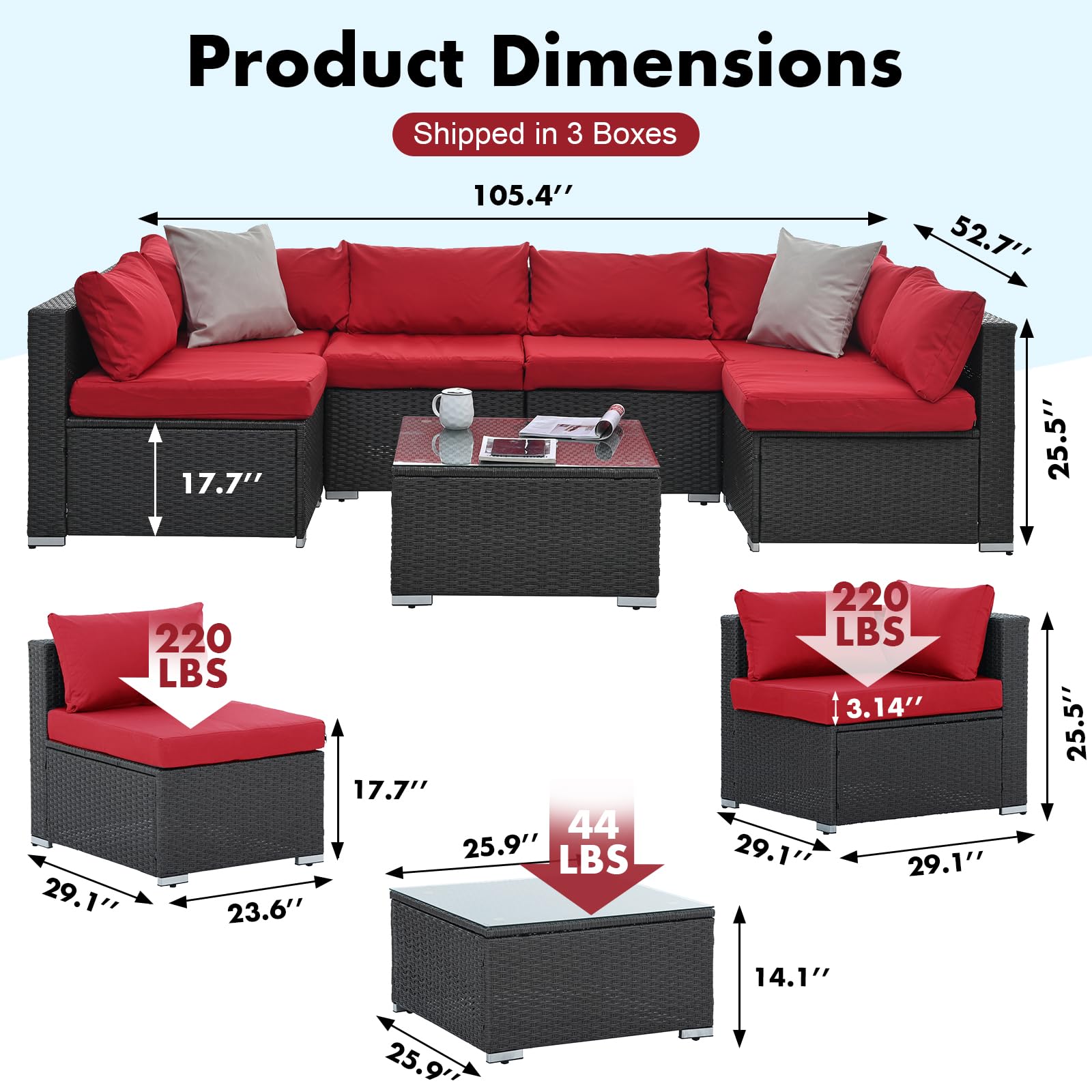 YIORTWO 7 Pieces Patio Furniture Set Conversation Furniture Sets, Outdoor Wicker Patio Sectional Furniture with Waterproof Cushions and Coffee Table for Backyard Lawn Garden Porch Poolside, Red