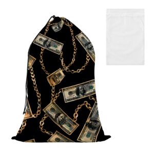 money dollar bills large mesh laundry bag, dirty clothes organizer with drawstring closure laundry hamper 24" x 35"