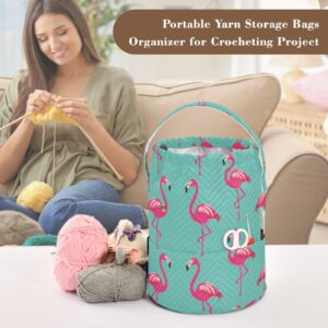 Lovely Flamingos Teal Crochet Bag Organizer Yarn Storage Bag Yarn Holder Knitting Bag Crochet Accessories with Pockets Portable for Knitting Kit Supplies Travel