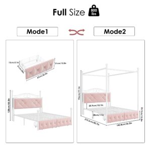 Full Upholstered Canopy Bed Frame with 2 Drawers & Crystal Tufted Storage Headboard Two-Purpose Metal Platform Bed with 4 Removable Posts & Charging Station Pink Princess Bed, Curtain Not Included