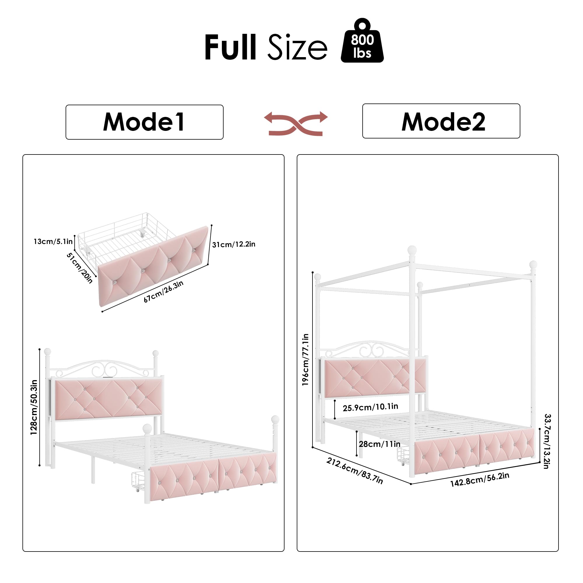 Full Upholstered Canopy Bed Frame with 2 Drawers & Crystal Tufted Storage Headboard Two-Purpose Metal Platform Bed with 4 Removable Posts & Charging Station Pink Princess Bed, Curtain Not Included