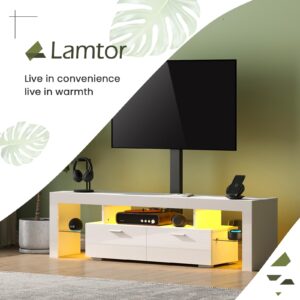 Lamtor TV-Stand with Mount and Power Outlet - Swivel LED TV Stand for 75 70 65inch Televisions, Modern Entertainment Center with Drawers, TV Console Media Cabinet for Living Room, White