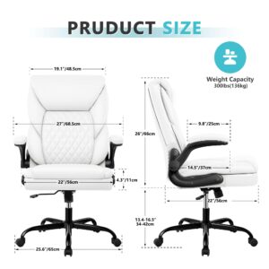 BestEra Office Chair, Executive Leather Chair Home Office Desk Chairs, Ergonomic Computer Desk Chair with Adjustable Flip-Up Arms, Lumber Support Swivel Task Chair with Rocking Function (White)