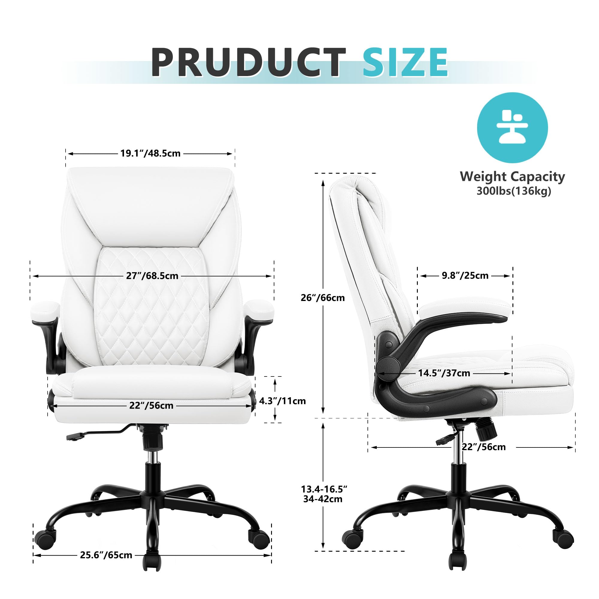 BestEra Office Chair, Executive Leather Chair Home Office Desk Chairs, Ergonomic Computer Desk Chair with Adjustable Flip-Up Arms, Lumber Support Swivel Task Chair with Rocking Function (White)