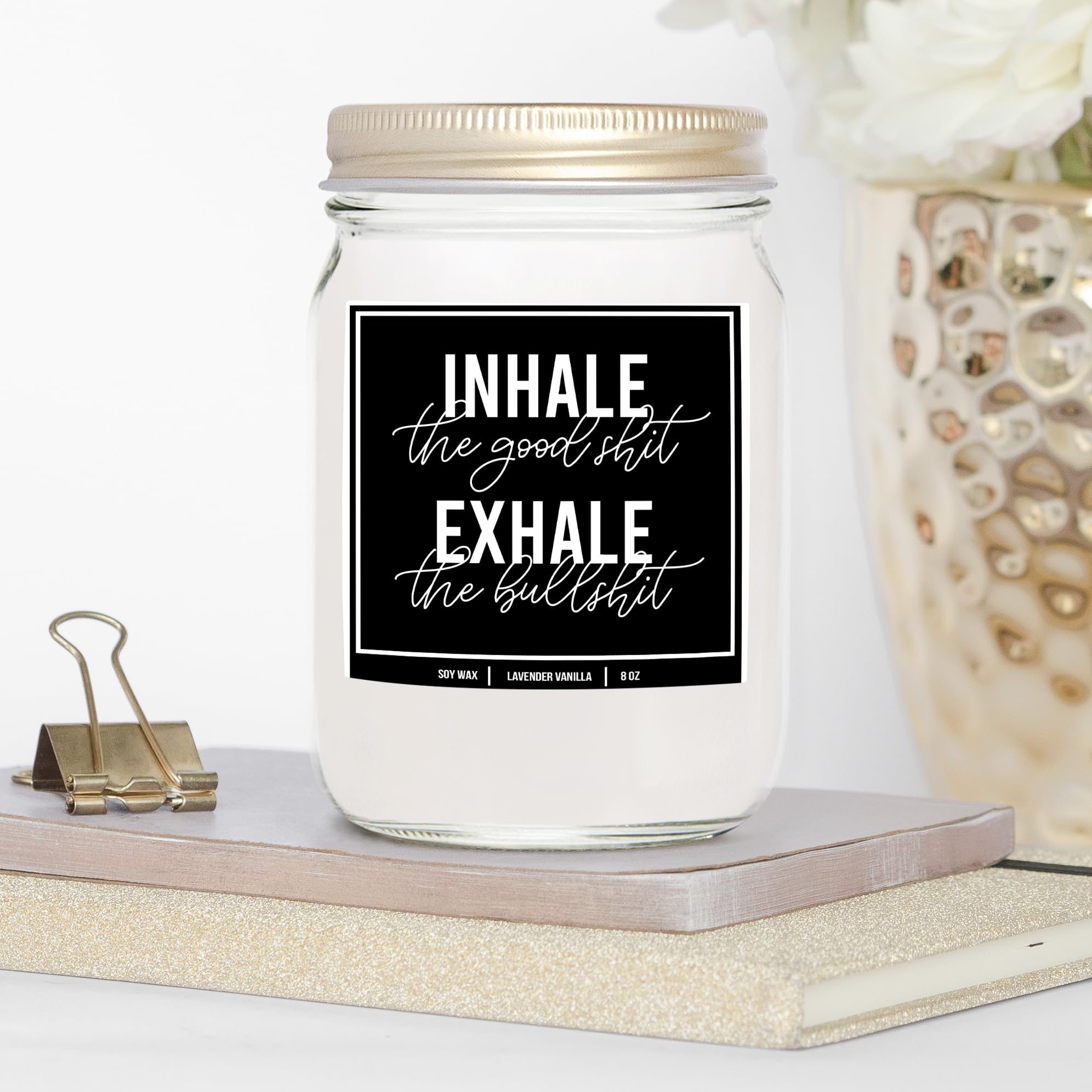 YouNique Designs Inhale Exhale Candle Lavender Vanilla 8oz, Relaxing Gifts for Women, Self Care Gifts for Women - Relaxing Candle Funny Gifts for Women - Womens Gift Ideas (Lavender & Vanilla)