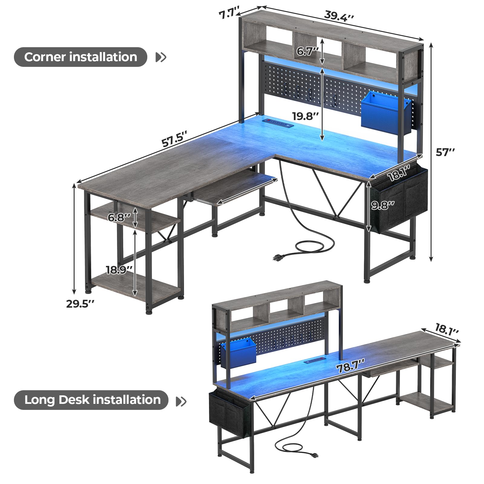 Itaar L Shaped Desk, 57.5 Inch Office Desk with Power Outlet and Keyboard Tray, Gaming Desk with Storage Shelves, Pegboard, and LED Lights for Home Office and Gaming, Gray