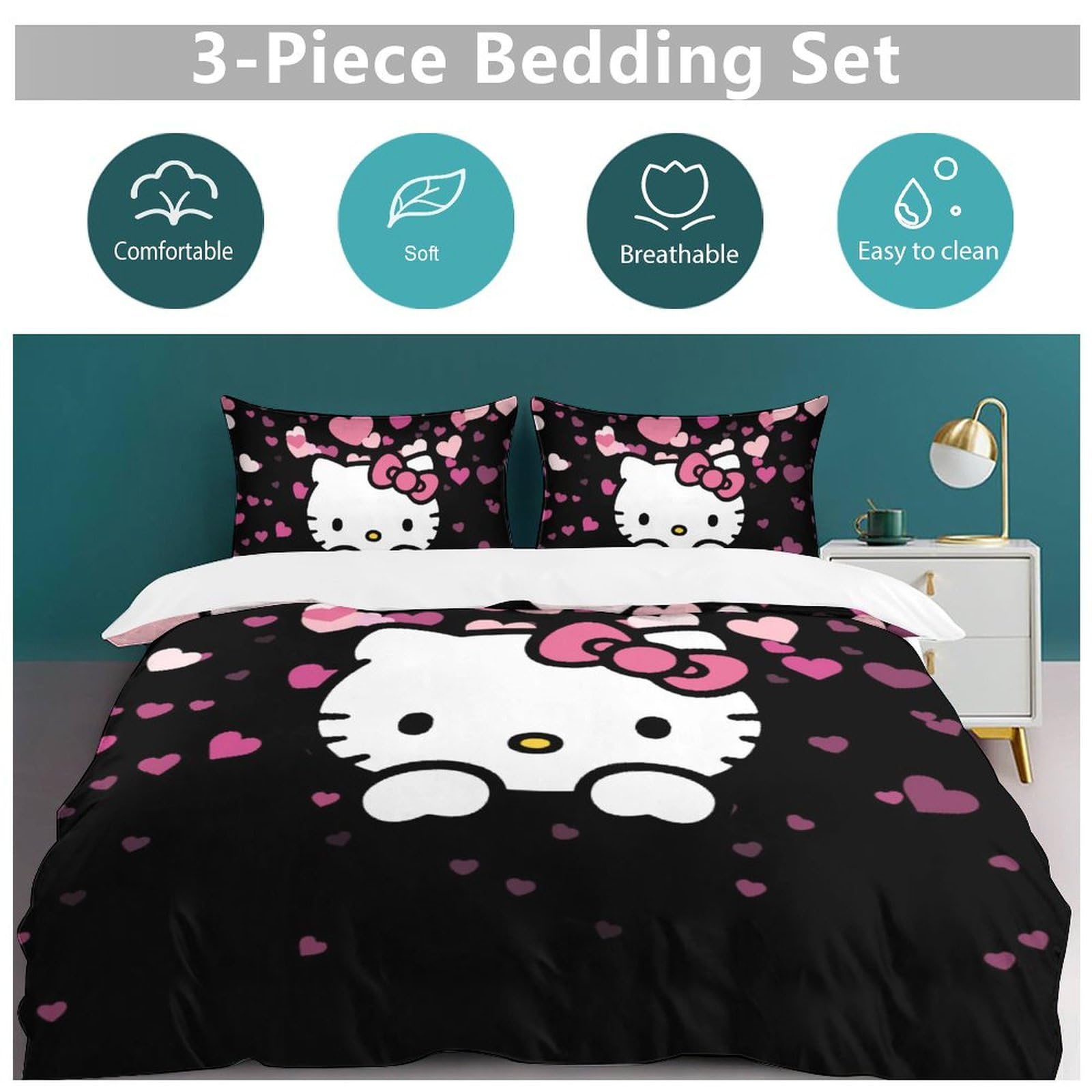 PHKYTRN Cute Cartoon Duvet Cover Set Pink Cat Bedding Set 1 Duvet Cover and 2 Pillowcases 3D Cartoon Printed Comfortable and Ultra Soft Bed Set Room Decor for Bedroom 229x229 cm