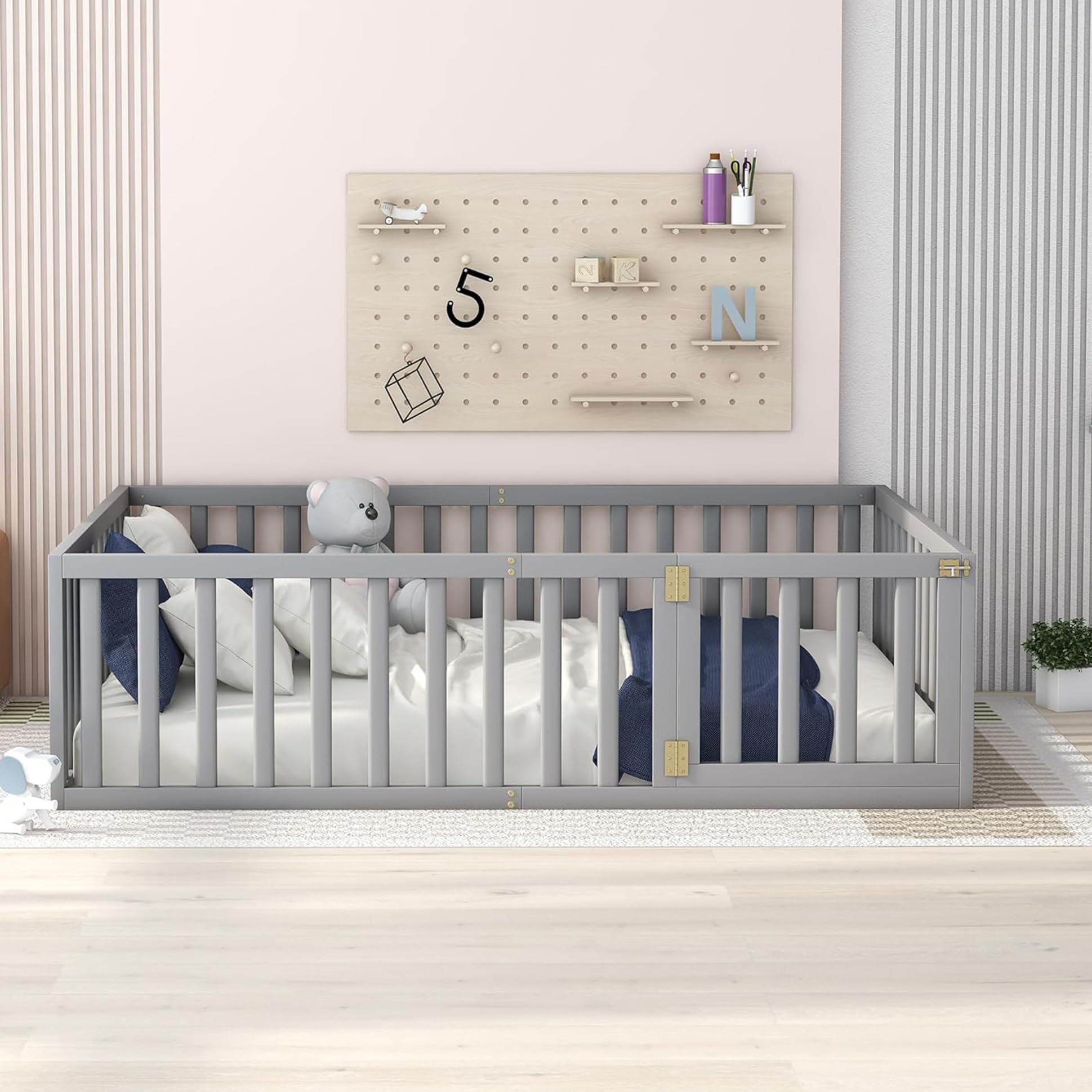 Harper & Bright Designs Full Size Floor Bed with Rails,Montessori Floor Bed Wood Frame with Fence and Door, for Kids Girls Boys-Gray