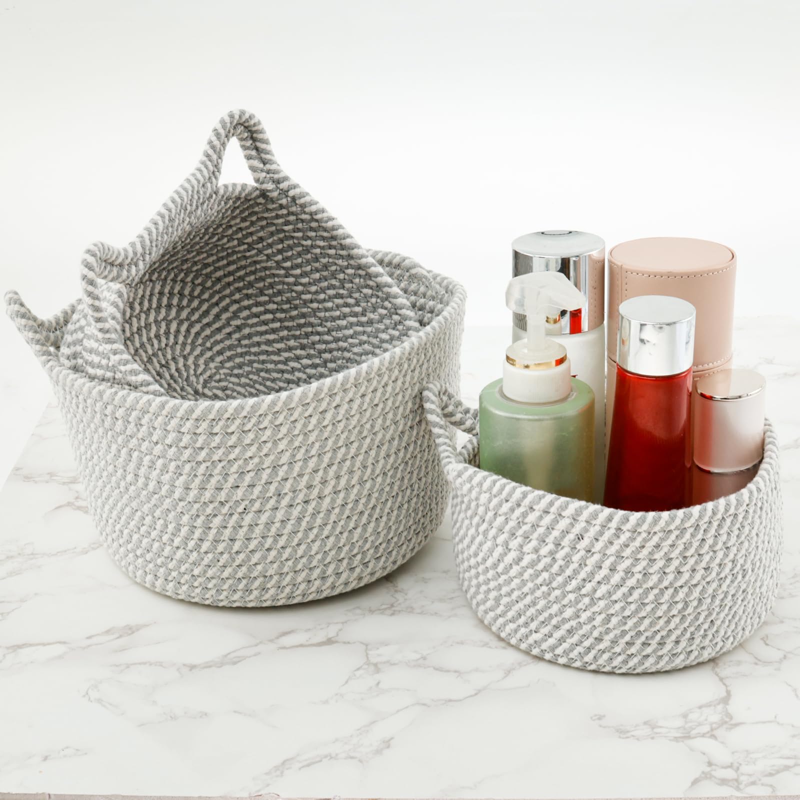 Hevtsde 3PCS Small Woven Basket - Cotton Rope Woven Baskets, Cute Woven Storage Basket, Small Baskets for organizing, Multifunctional Storage Baskets for Cosmetics Snacks Toys (Gray)