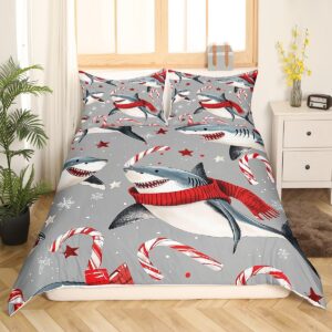 Cartoon Shark Duvet Cover Full Size Christmas Sweet Candy Bedding Set 3pcs Undersea Marine Fish Comforter Cover for Kids Bedroom Decor Cute Star Snowflake Quilt Cover(Not Comforter)