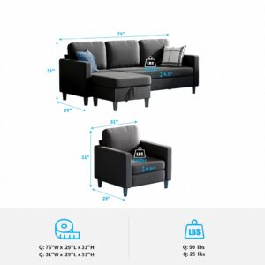 CECER 4 Seaters 2PC Sectional Sofa with Reversible Storage Ottoman, Modern Linen Fabric 3 Seat Couch & Armchair Sofa,Free Combination Sofa Set L-Shaped,Sectional Couch Living Room,Apartment,Dark Grey