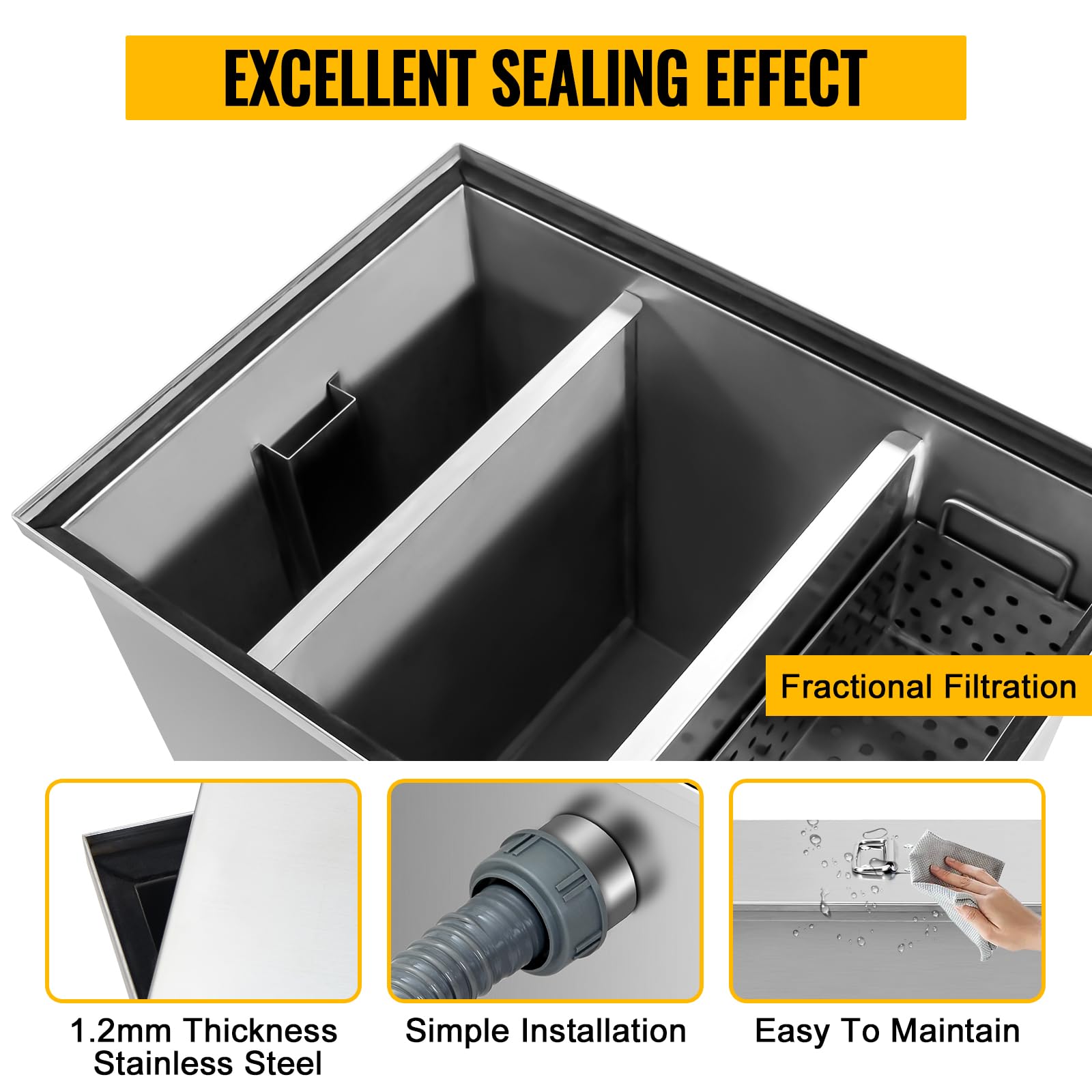 Commercial Grease Trap, Grease Interceptor, Side Inlet Interceptor, Under Sink Stainless Steel Grease Trap, 2.8 GPM Waste Water Oil-Water Separator, for Restaurant Canteen Home Kitchen,25 LB,Silver