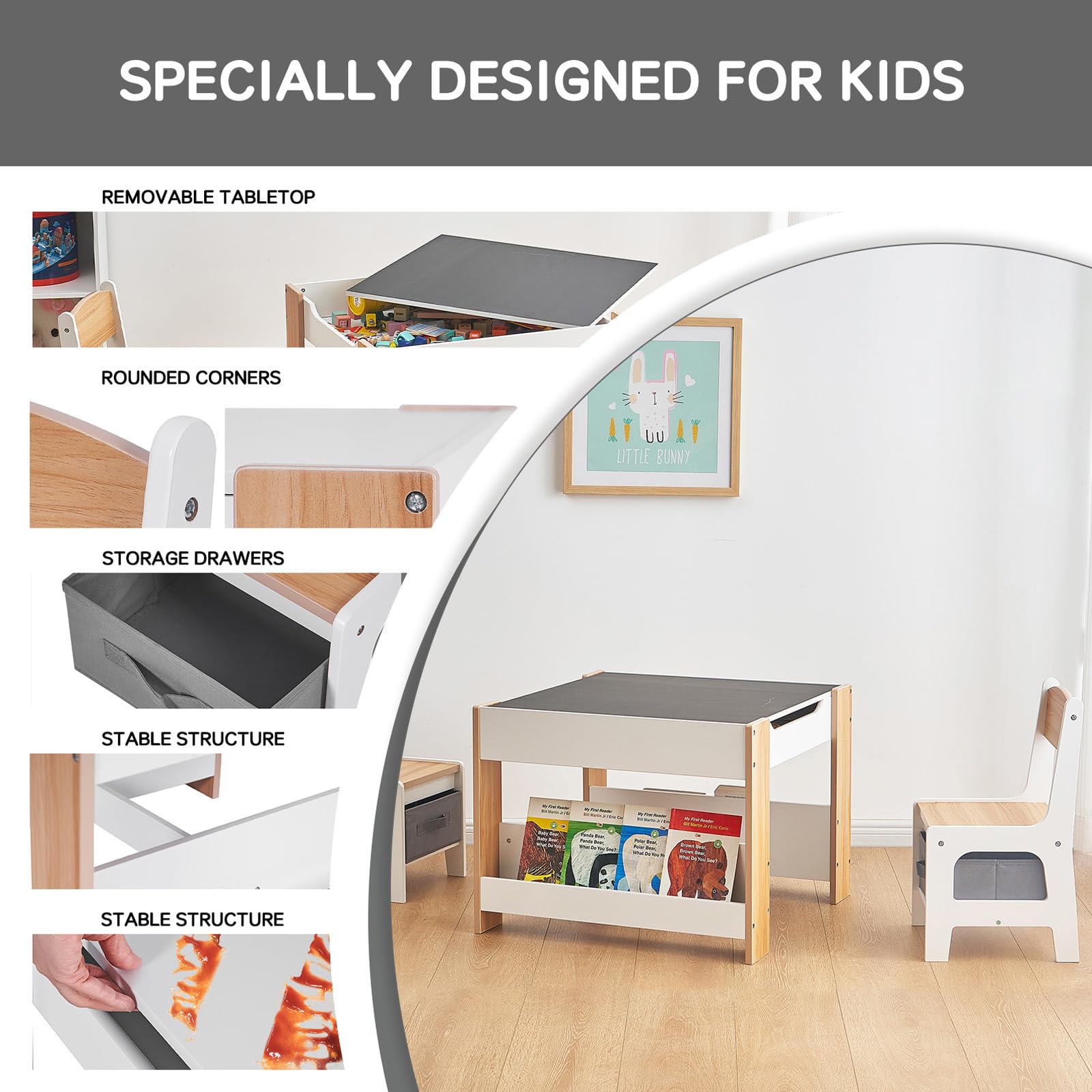 XJD Kids Table and Chair Set, 5 in 1 Toddler Desk with Storage Drawer, Wooden Activity Table with 2 in 1 Detachable Tabletop and Bookshelf, Ideal for Classroom, Home, Nursery, Playroom