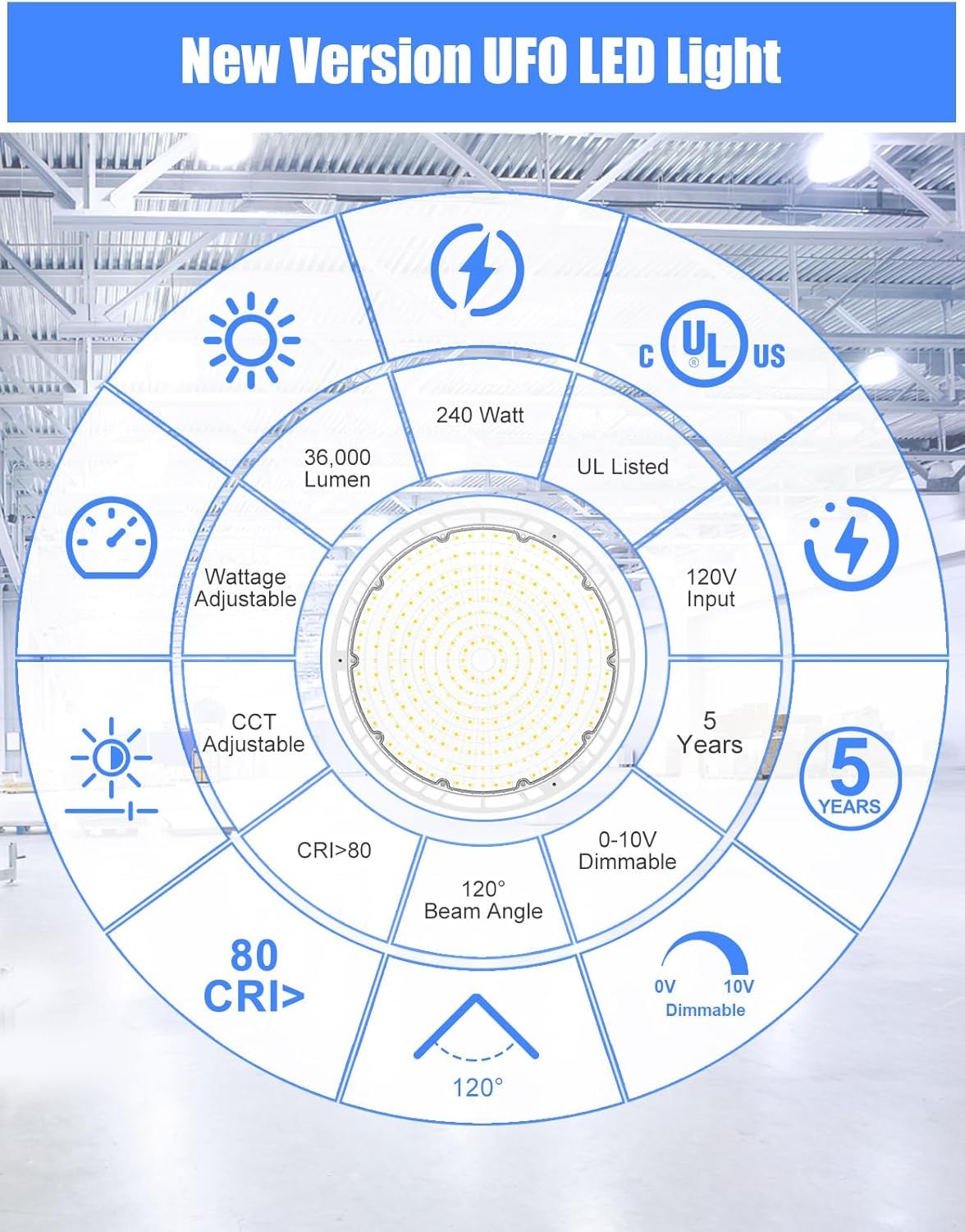 KUKUPPO 10 Pack LED High Bay Light 240W 190W 140W Adjustable, 3000K 4000K 5000K Adjustable UFO Bay Light with 5' Cable and Plug, 0-10V Dimmable AC100-277V UL&DLC Listed, White