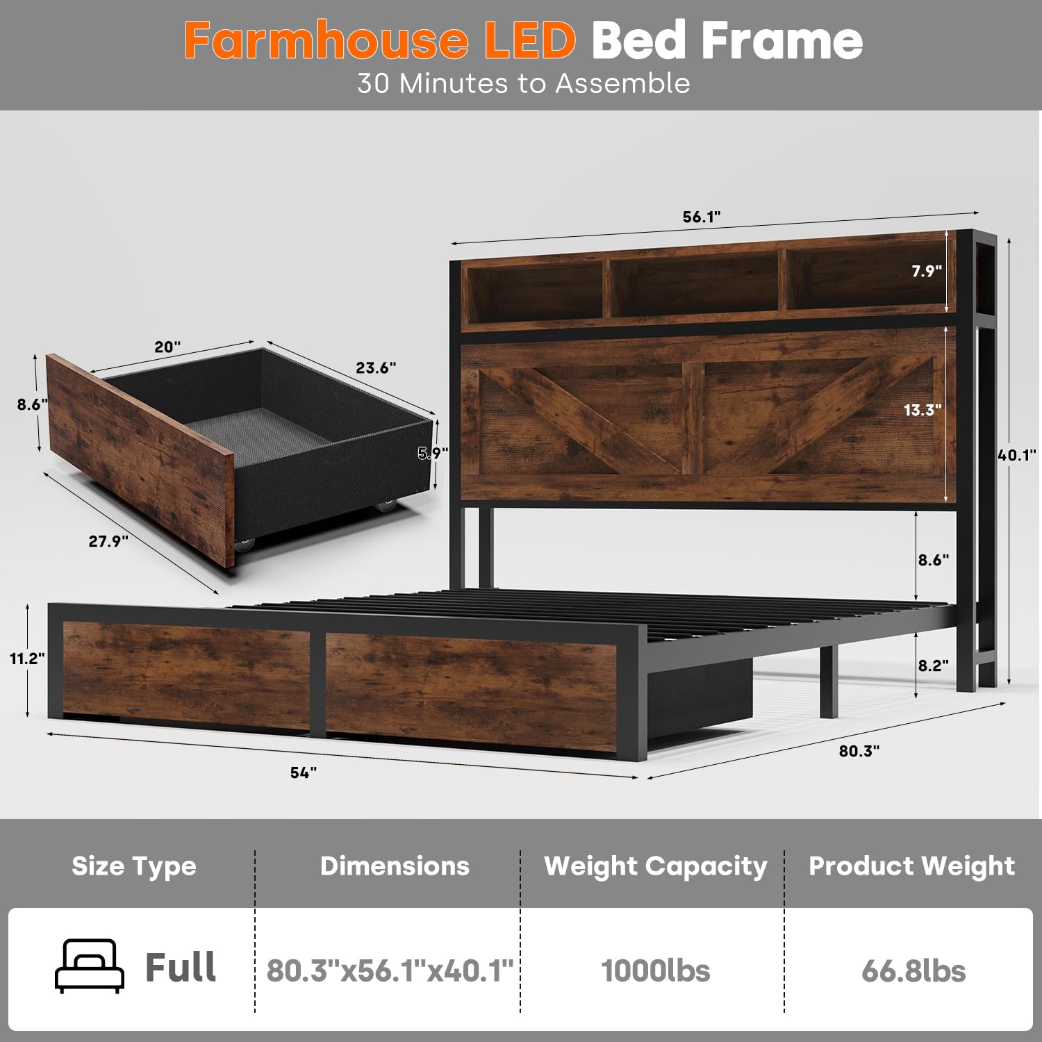 Incyneva Farmhouse Full Bed Frame with Storage Headboard, Charging Station, LED Light and 2 Storage Drawers, Bookcase Storage, Noise Free, No Box Spring Needed, Brown