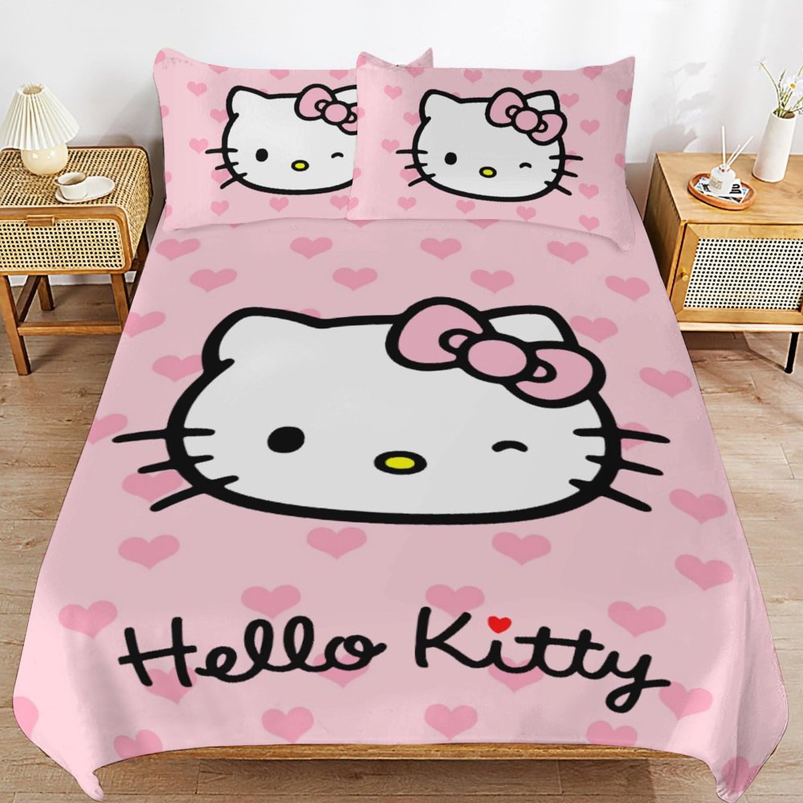 WNDKSQG Cartoon Bedding Set Kawaii Pink Cat Duvet Cover for Women Girls Cute Lightweight 3 Pieces Comforter Cover Sets with 1 Duvet Cover and 2 Pillowcases 218x177 cm