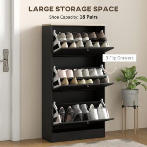 HOMCOM Narrow Shoe Storage Cabinet for Entryway with 3 Flip Drawers and Adjustable Shelves, Shoe Rack Organizer for 18 Pairs of Shoes, Black