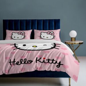 WNDKSQG Cartoon Bedding Set Kawaii Pink Cat Duvet Cover for Women Girls Cute Lightweight 3 Pieces Comforter Cover Sets with 1 Duvet Cover and 2 Pillowcases 218x177 cm