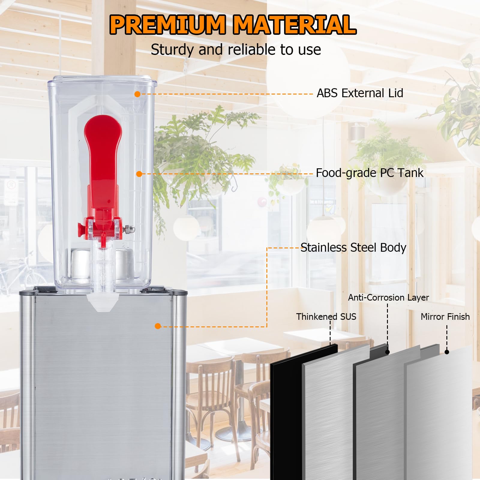 Towallmark Commercial Beverage Dispenser - 2.64 Gallon (10L) Juice Dispenser with 1 Tank, 180W Stainless Steel Iced Tea Drink Dispenser Featuring Food Grade Materials and Thermostat Controller