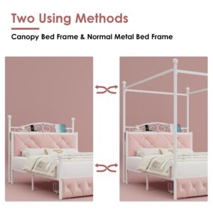 Full Upholstered Canopy Bed Frame with 2 Drawers & Crystal Tufted Storage Headboard Two-Purpose Metal Platform Bed with 4 Removable Posts & Charging Station Pink Princess Bed, Curtain Not Included