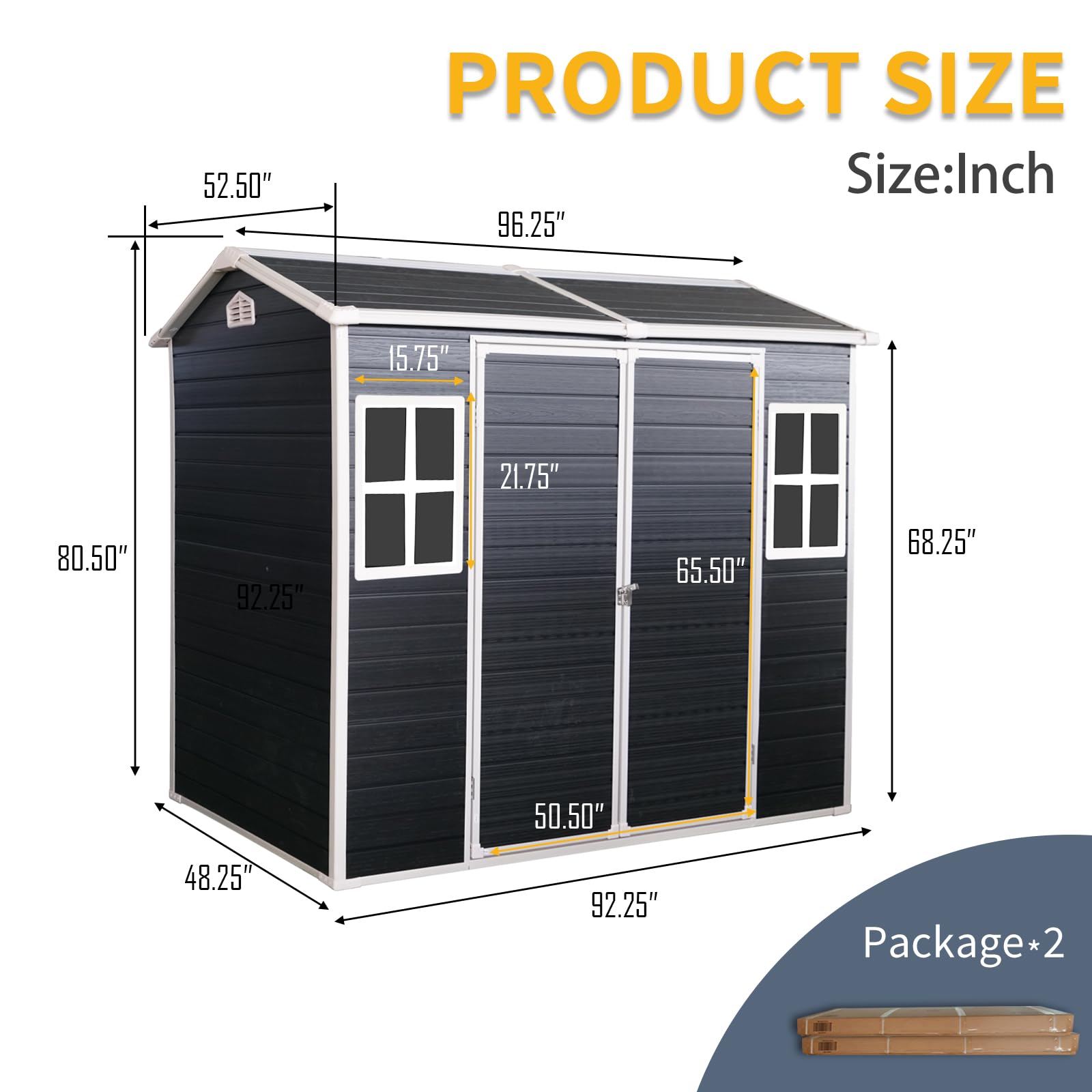 Resin Outdoor Storage Shed, Outdoor Storage Shed with Double Window & Floor to Store Patio Furniture, Garden Tools Bike Accessories, Beach Chairs and Lawn Mower (Black, 8ft*4ft)