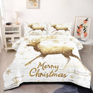 ccoutuechen white gold christmas elk comforter set king size merry christmas bedding set for girls,3pcs christmas holiday decor comforter set with 2 pillowcases(104 * 90)