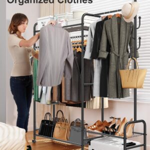 FYBEE 3-In-1 Clothes Racks For Hanging Clothes with Coat Rack, Heavy Duty Clothing Rack with Shelves Load 620Lbs, Portable Garment Racks with Lockable Wheels, Multi-Functional Closet Rack For Bedroom