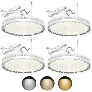 kukuppo 4 pack led high bay light 240w 190w 140w adjustable, 3000k 4000k 5000k adjustable ufo bay light with 5' cable and plug, 0-10v dimmable ac100-277v ul&dlc listed, white