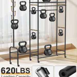 FYBEE 3-In-1 Clothes Racks For Hanging Clothes with Coat Rack, Heavy Duty Clothing Rack with Shelves Load 620Lbs, Portable Garment Racks with Lockable Wheels, Multi-Functional Closet Rack For Bedroom