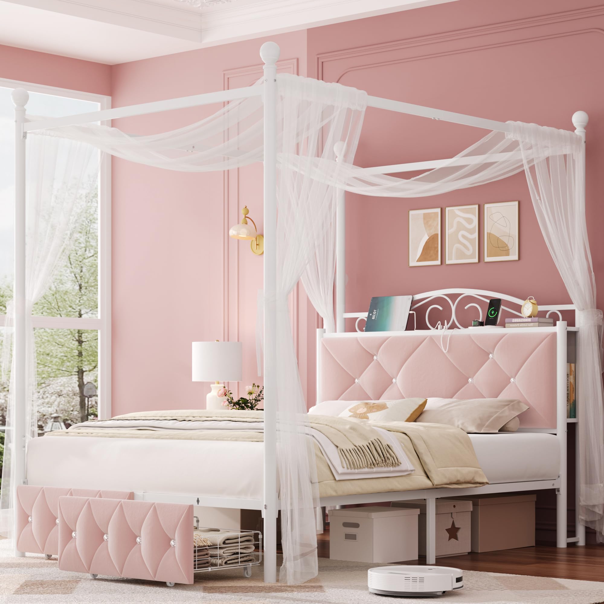 Full Upholstered Canopy Bed Frame with 2 Drawers & Crystal Tufted Storage Headboard Two-Purpose Metal Platform Bed with 4 Removable Posts & Charging Station Pink Princess Bed, Curtain Not Included