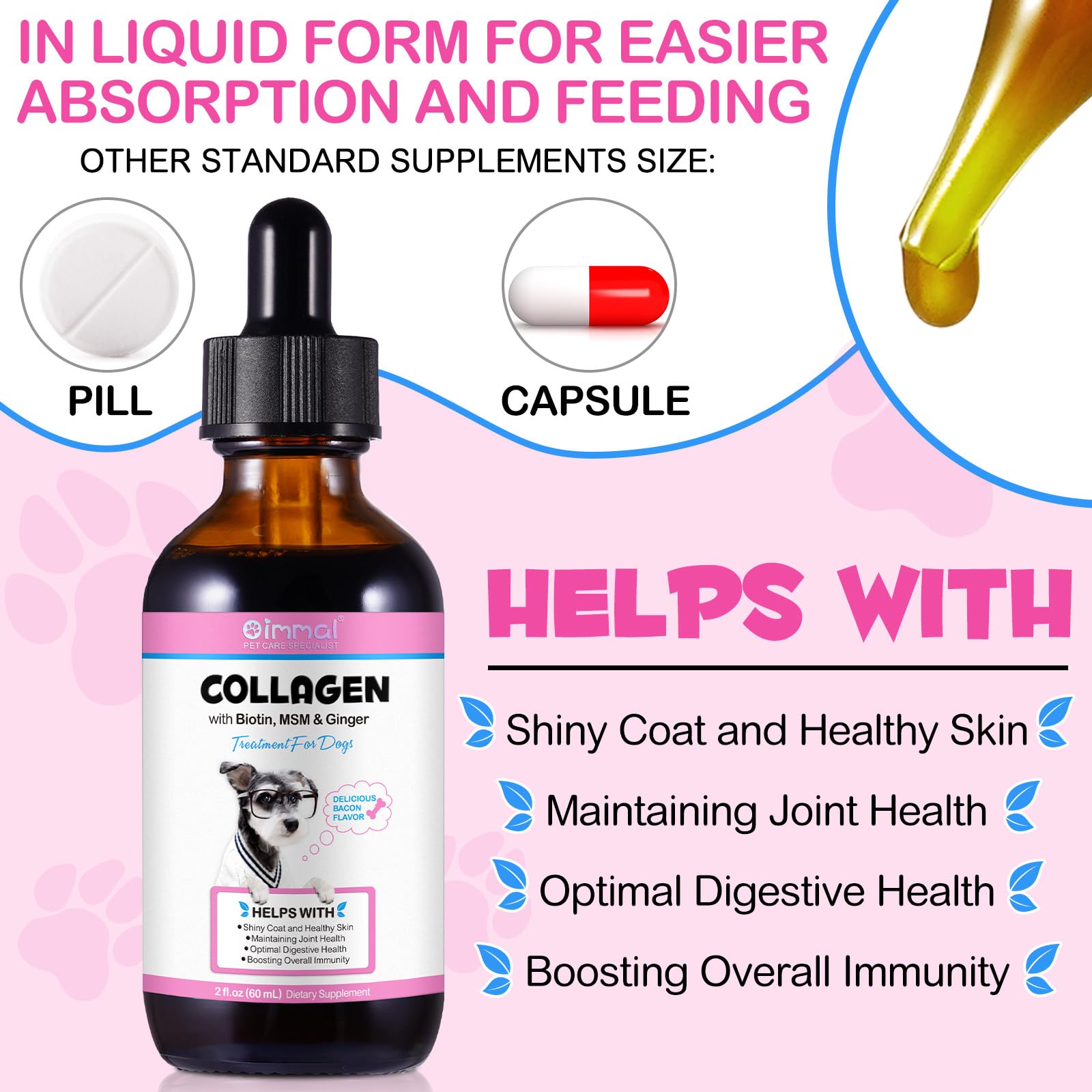 Liquid Collagen for Dogs | Collagen for Dogs | Liquid Collagen for Dogs | Liquid Collagen Skin and Coat | Itch Relief for Dogs with Allergies | Skin and Coat Supplement for Dogs Bacon Flavor 2fl.oz